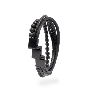 Bransoletka męska Warkocz Korale Pleciona Stal skóra czarna