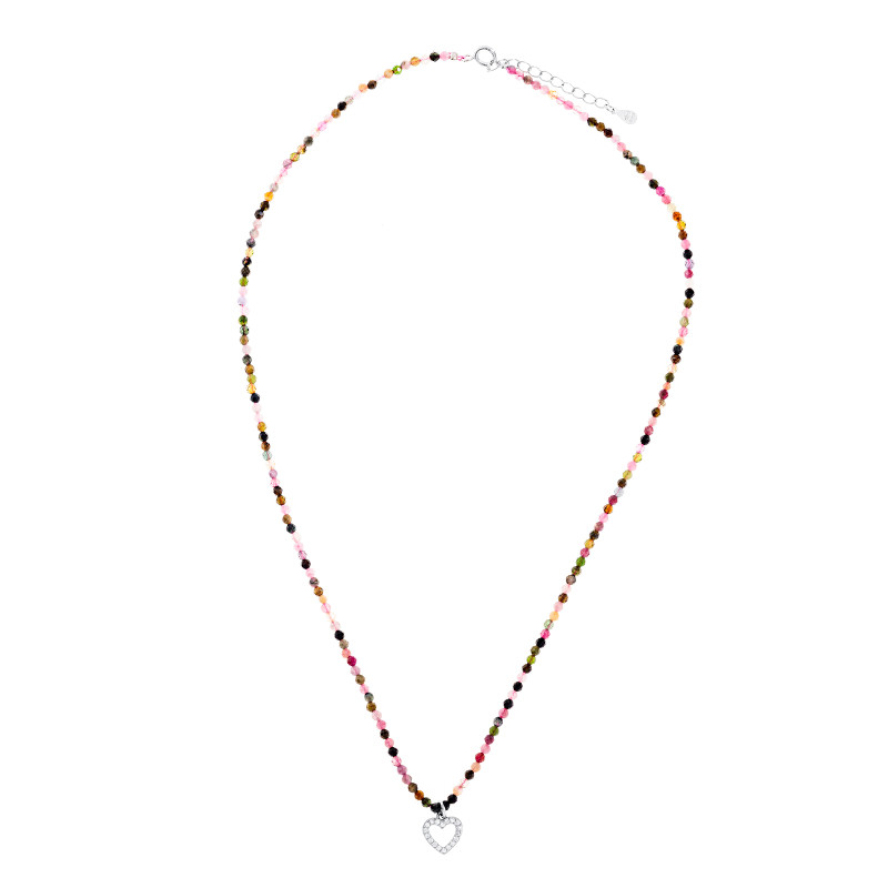 Srebrny naszyjnik 925 Kolorowe Koraliki Serce Cyrkonie