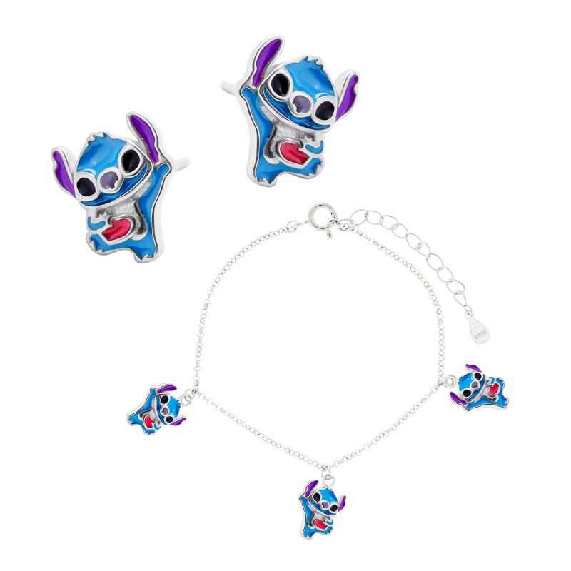 Srebrny komplet 925 Stich bransoletka kolczyki Stitch PREZENT