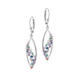 Srebrne kolczyki wiszące Listki 925 Kolorowe Cyrkonie