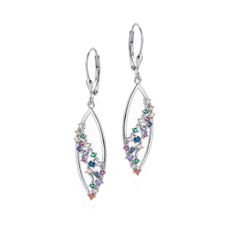 Srebrne kolczyki wiszące Listki 925 Kolorowe Cyrkonie