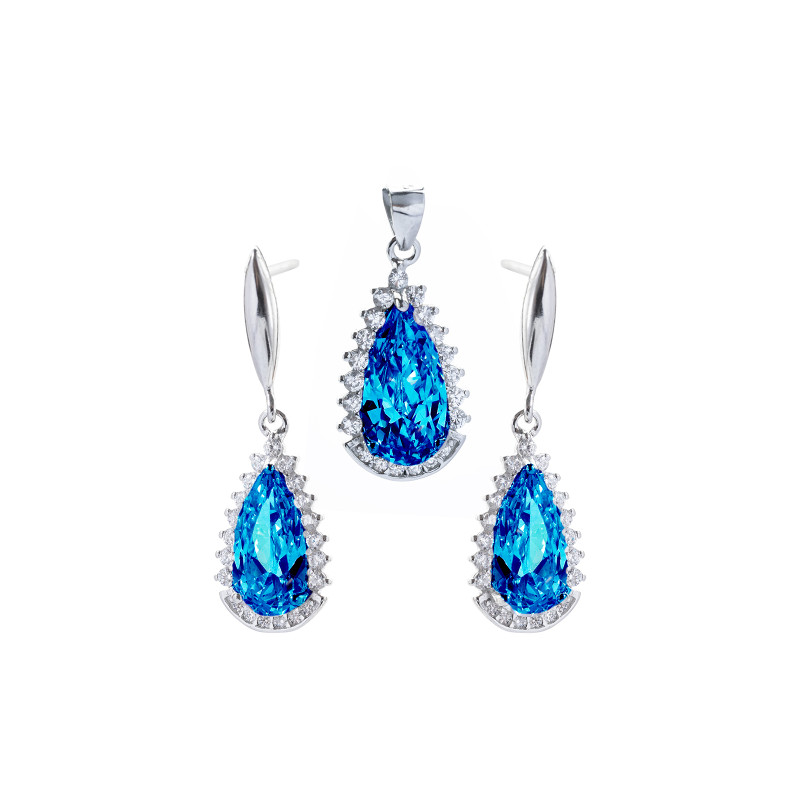 Srebrny komplet 925 Błyszcząca Elegancja niebieskie cyrkonie