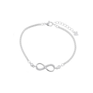 Srebrna 925 bransoletka z symbolem nieskończoności i małymi kółeczkami z białymi cyrkoniami