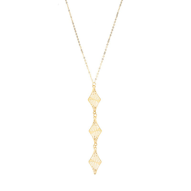 Złoty naszyjnik 585 z wiszącymi ażurowymi rombami