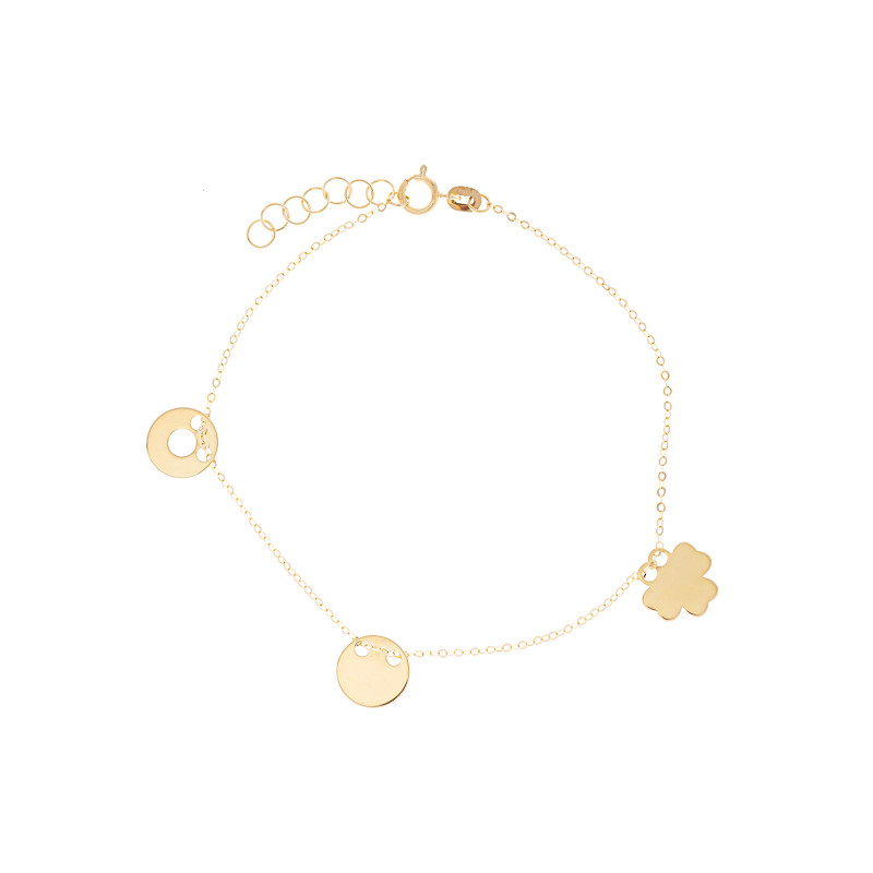 Złota bransoletka 585 z kołami i koniczynką