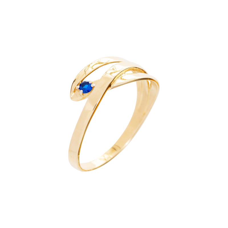 Złoty pierścionek 585 pleciony z niebieską cyrkonią
