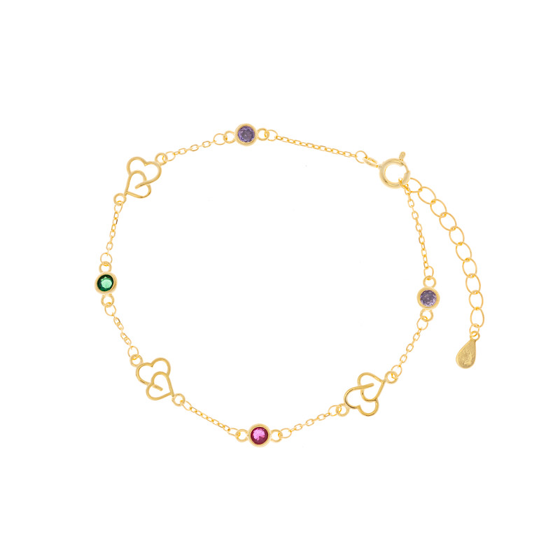 Srebrna Pozłacana bransoletka 925 Serca Kolorowe Cyrkonie