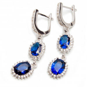 Srebrne kolczyki wiszące niebieskie cyrkonie