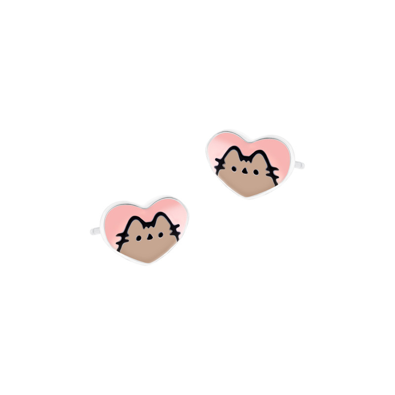 Kolczyki srebrne 925 z emalią Kotek Pusheen Serduszko dla małej damy PREZENT