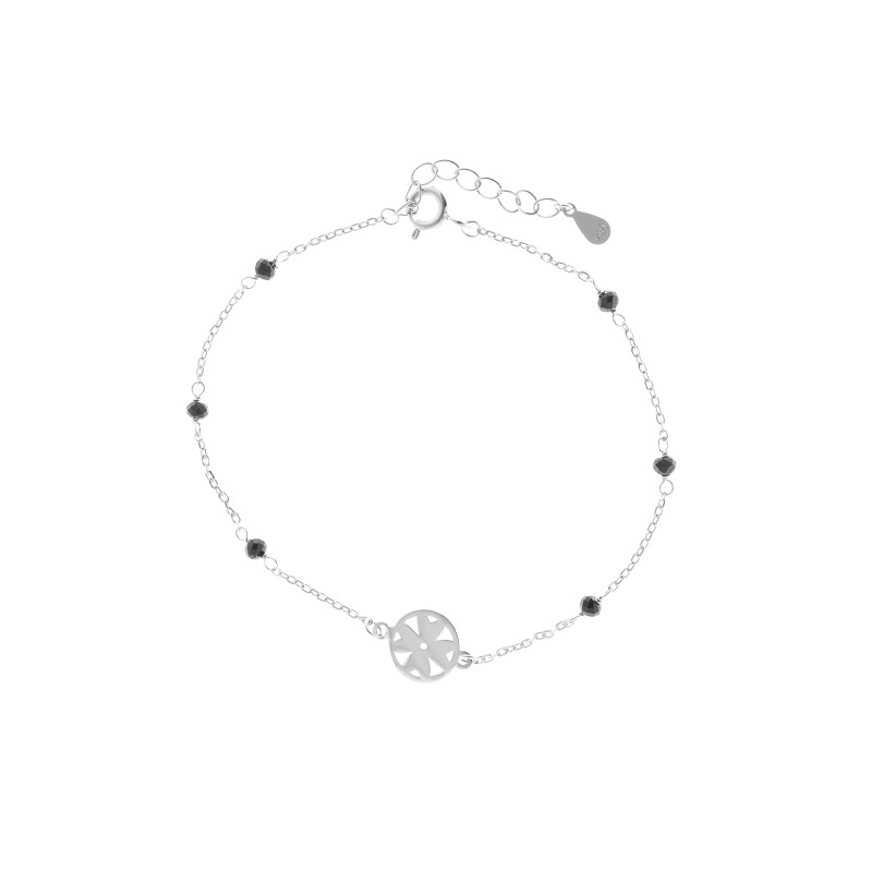 Srebrna bransoletka 925 Kwiat Czarne Koraliki