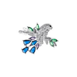 Srebrna Broszka 925 Ptak Cyrkonie Kolor