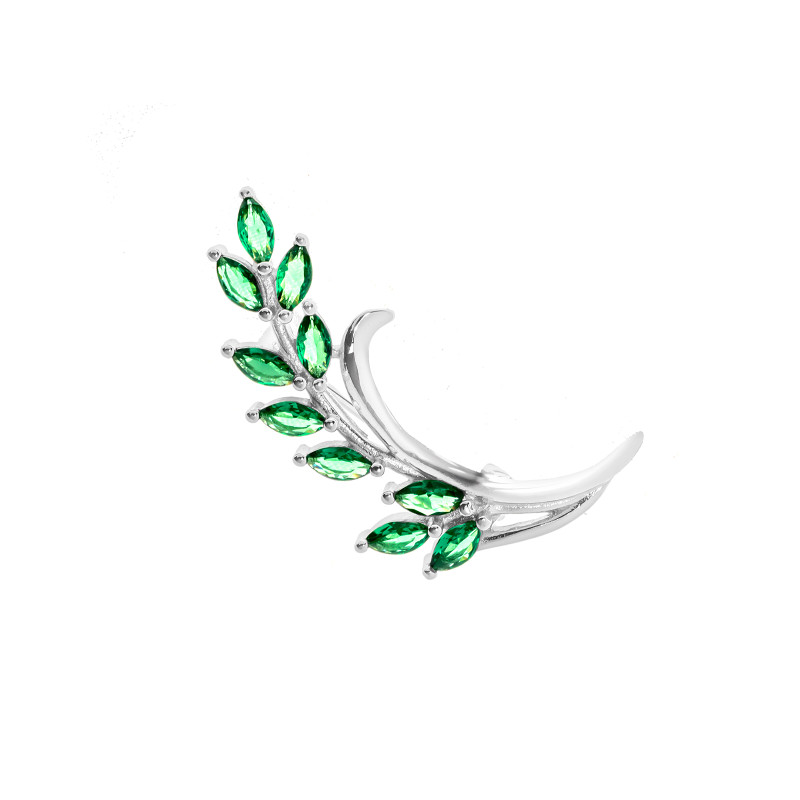 Srebrna Broszka 925 Łodyga Zielone cyrkonie