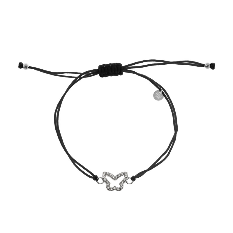 Srebrna 925 bransoletka sznurkowa czarna Motyl