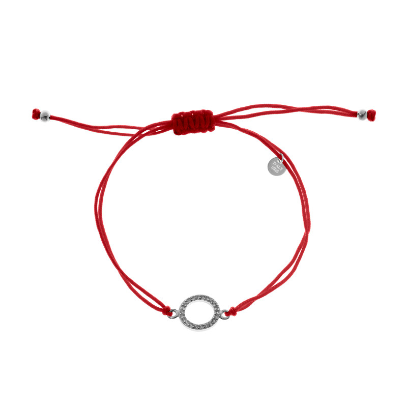 Srebrna 925 bransoletka sznurkowa czerwona Koło cyrkonie