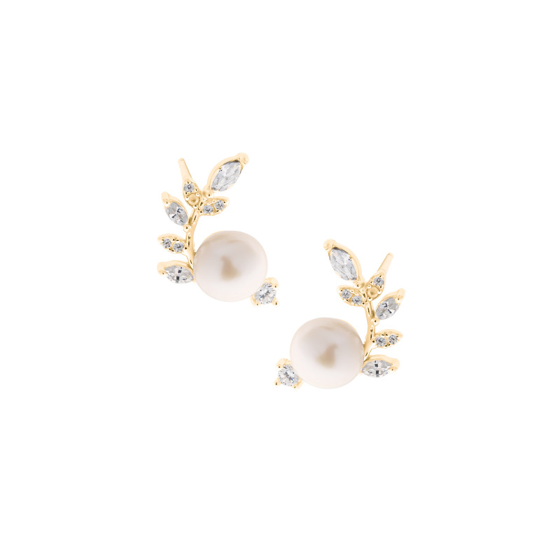 Srebrne 925 pozłacane kolczyki Perła z gałązką