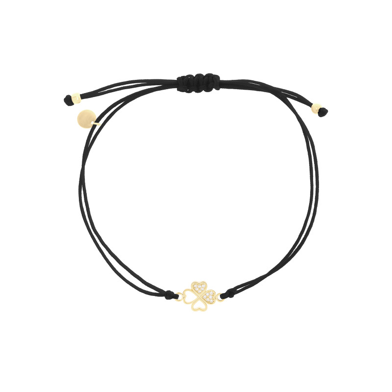 Srebrna 925 pozłacana bransoletka sznurkowa czarna Koniczyna
