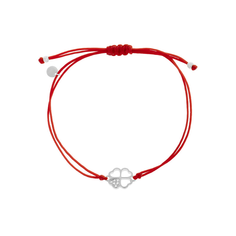 Srebrna 925 bransoletka sznurkowa czerwona Koniczynka Ażur