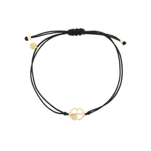 Srebrna 925 pozłacana bransoletka sznurkowa czarna Koniczynka Ażur