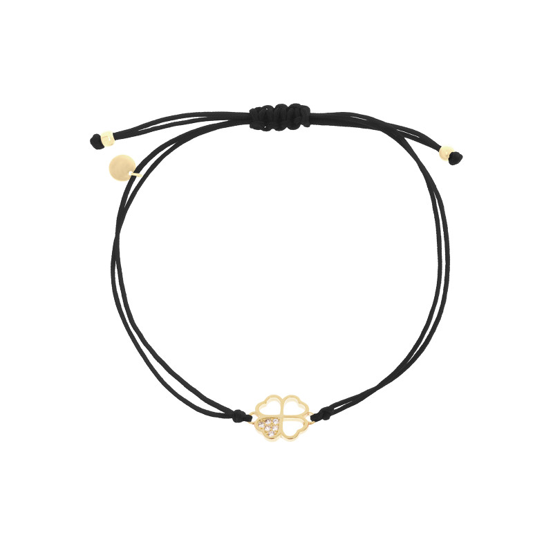 Srebrna 925 pozłacana bransoletka sznurkowa czarna Koniczynka Ażur
