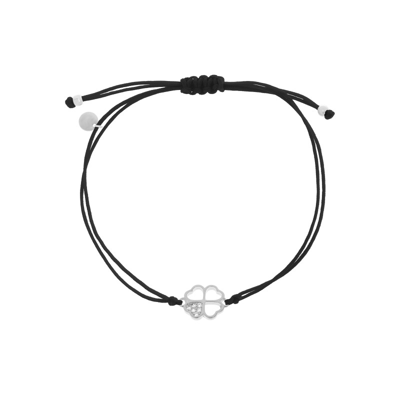 Srebrna 925 bransoletka sznurkowa czarna Koniczynka Ażur