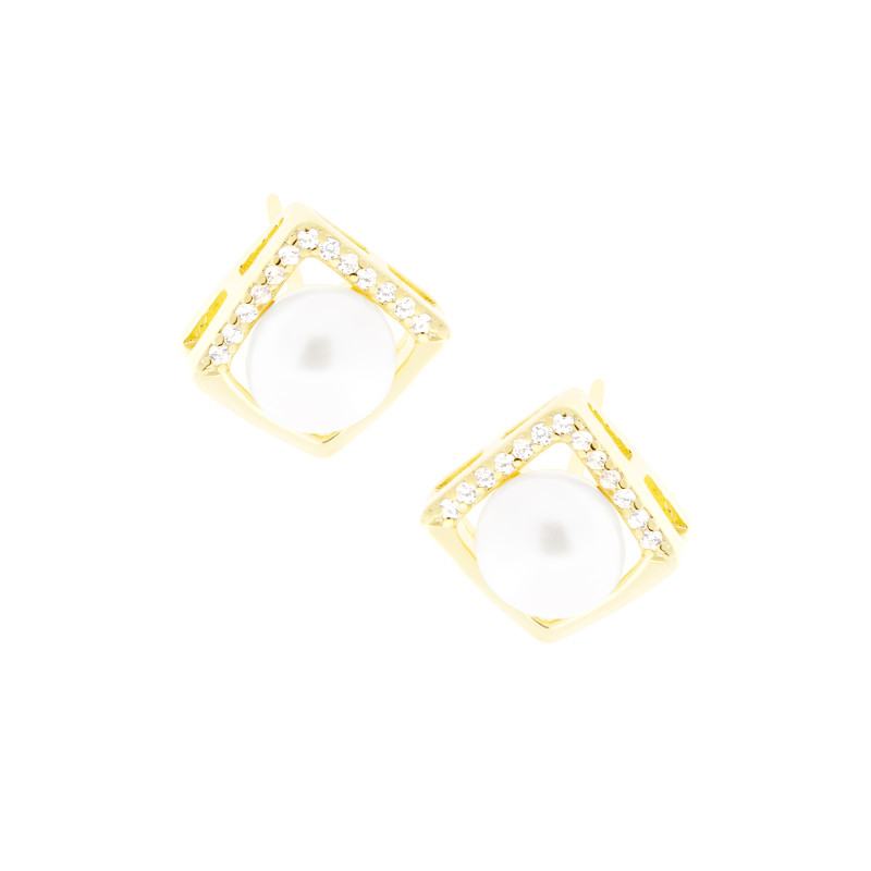 Srebrne 925 pozłacane kolczyki Perła w Kwadracie