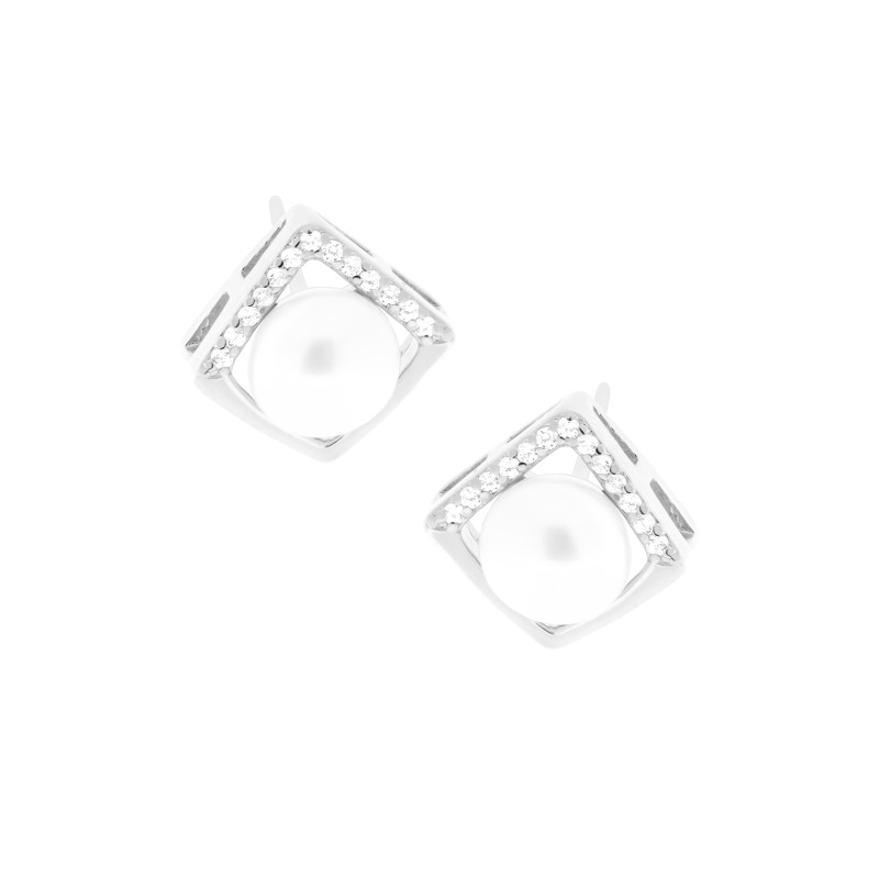 Srebrne 925 kolczyki Perła w Kwadracie