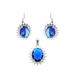 Srebrny 925 Komplet Niebieski Duży Owal