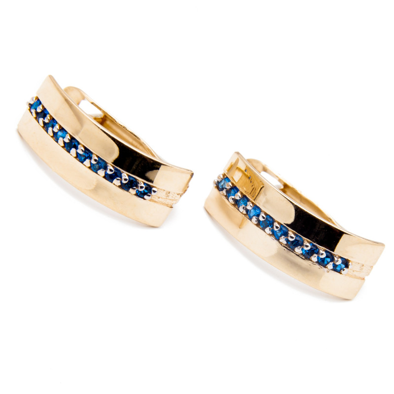 Złote kolczyki 585 wstęga niebieskie cyrkonie