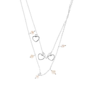 Srebrny podwójny naszyjnik 925 Potrójne Serca perełki