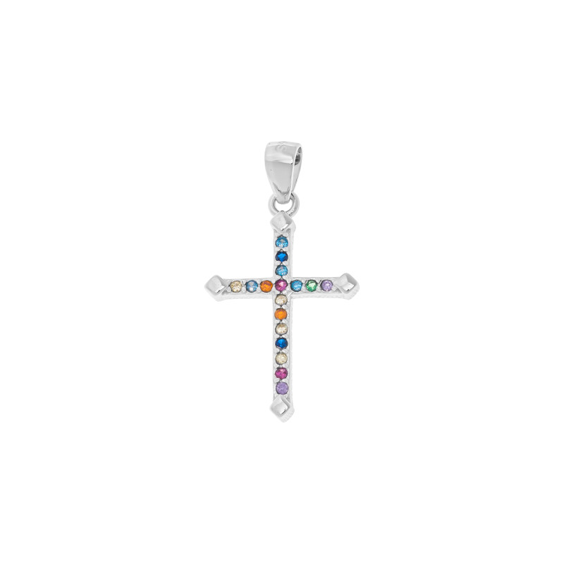 Srebrna zawieszka 925 Krzyżyk kolorowe cyrkonie