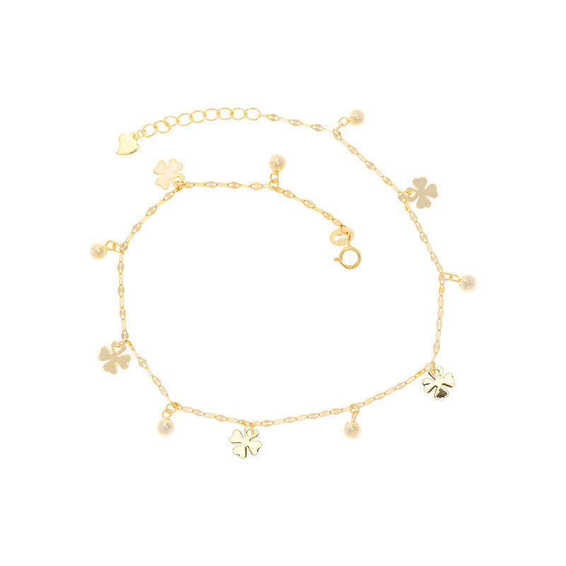 Srebrna pozłacana bransoletka na nogę 925 Szczęśliwa Koniczynka