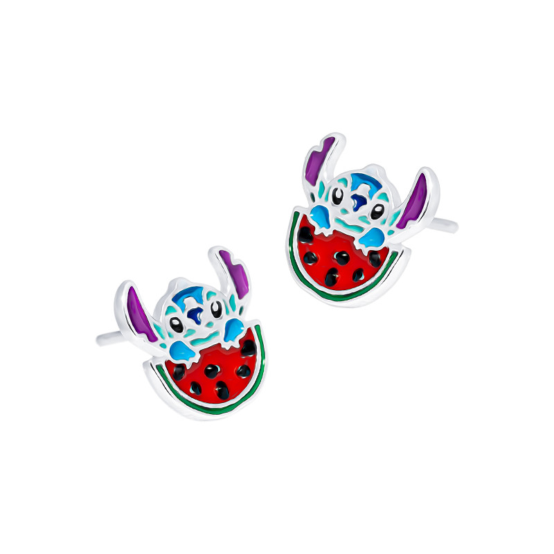 Kolczyki srebrne 925 z emalią Stich Arbuz dla małej damy PREZENT