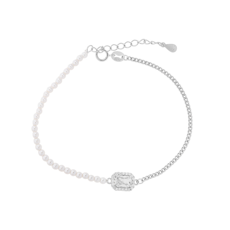 Srebrna 925 bransoletka Prostokątna Cyrkonia z Perełkami