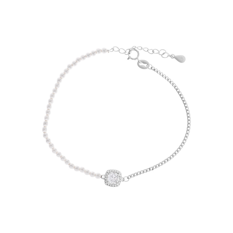 Srebrna 925 bransoletka Kwadratowa Cyrkonia z Perełkami