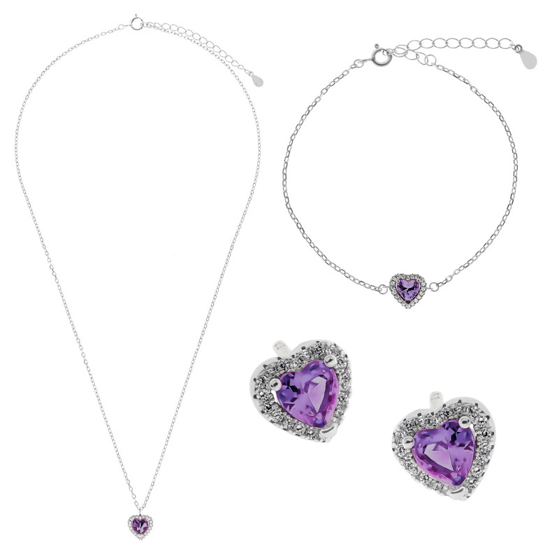 Zestaw Prezentowy Promise Purple| Srebrne 925 kolczyki, bransoletka, naszyjnik fioletowa cyrkonia