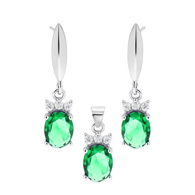 Srebrny 925 Komplet Zielony Trzy Iskry