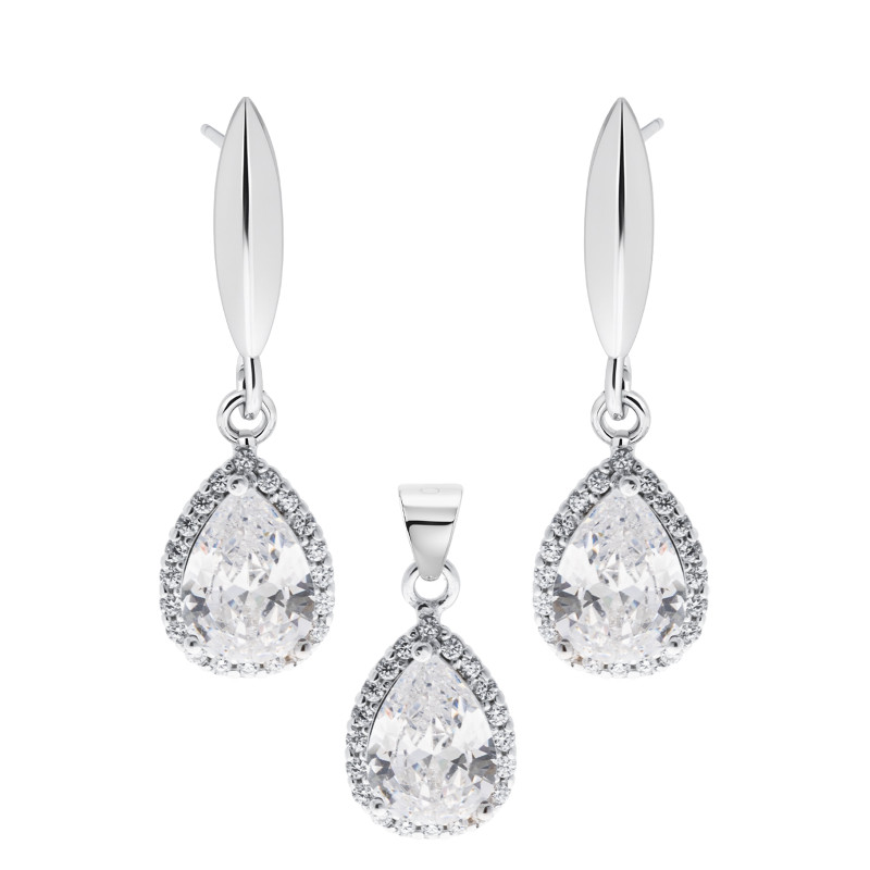 Srebrny Komplet 925 Biała Kropla Światła