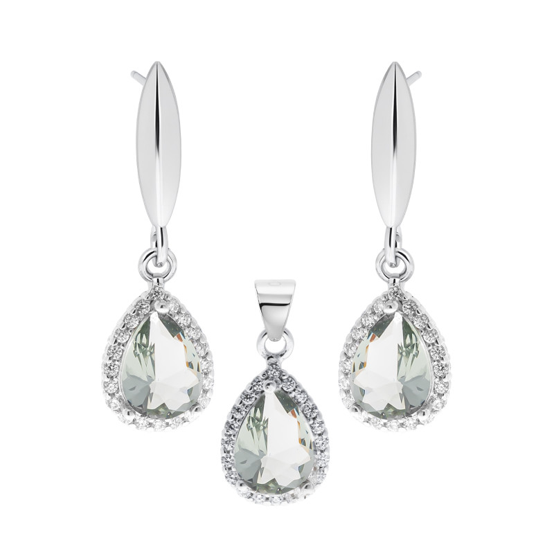 Srebrny Komplet 925 Jasna Zielona Kropla Światła