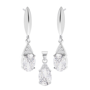 Srebrny Komplet 925  Biała Owalna Iskra