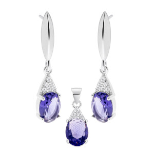 Srebrny Komplet 925 Fioletowa Owalna Iskra