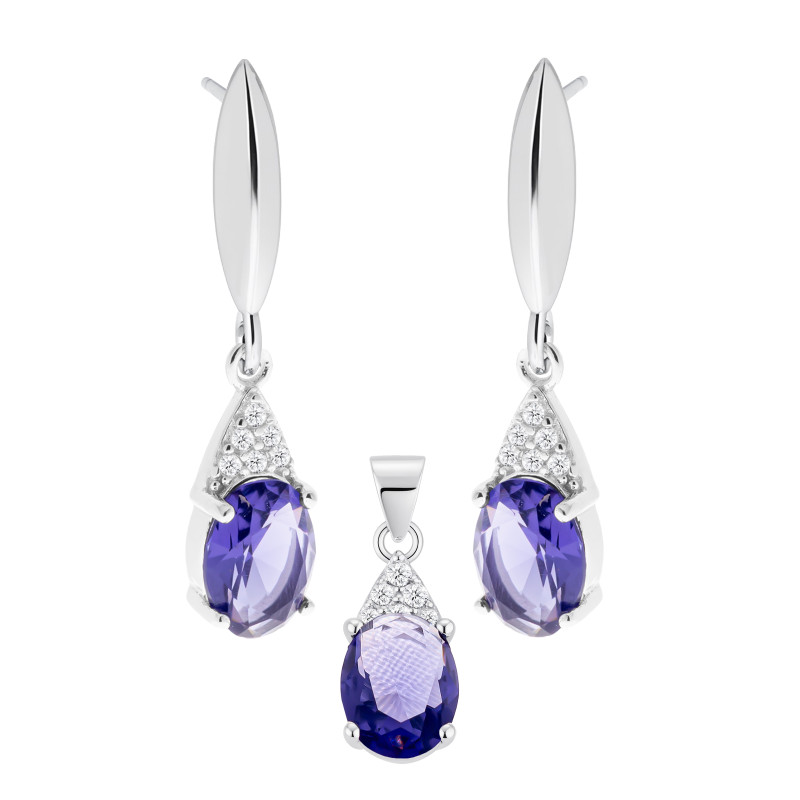 Srebrny Komplet 925 Fioletowa Owalna Iskra