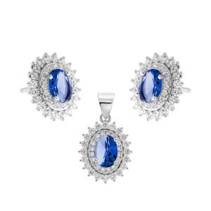 Srebrny Komplet 925 Niebieski Owal Światła