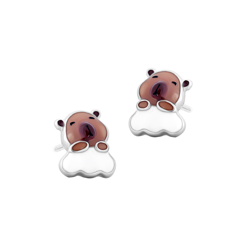 Srebrne kolczyki 925 Urocza Śpiąca Kapibara Chmurka Sztyft dla małej damy PREZENT