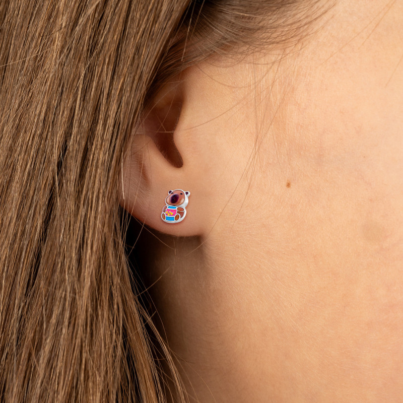 Srebrne kolczyki 925 Kapibara z Kubkiem Sztyft dla małej damy PREZENT