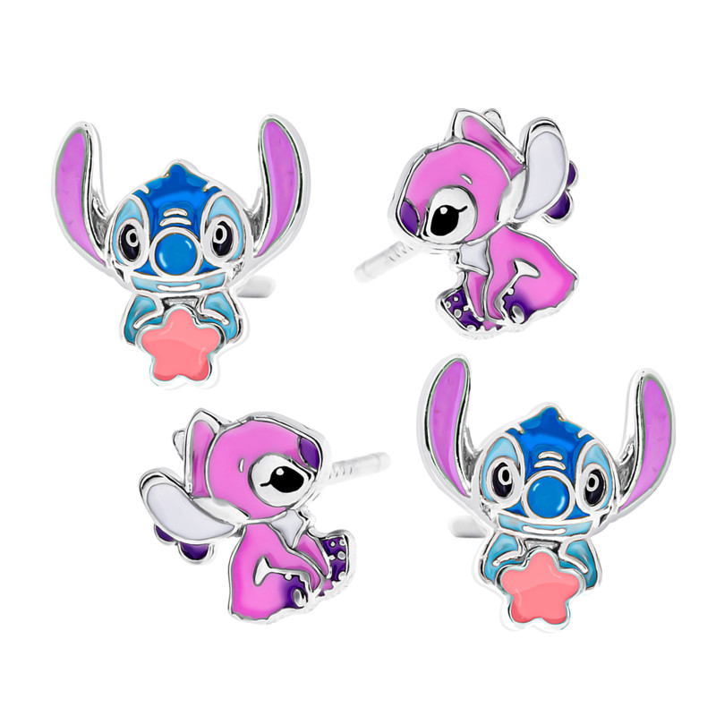 Stich komplet srebrnych kolczyków 925 Stich z Gwiazdką & Różowa Angel Sztyft Prezent