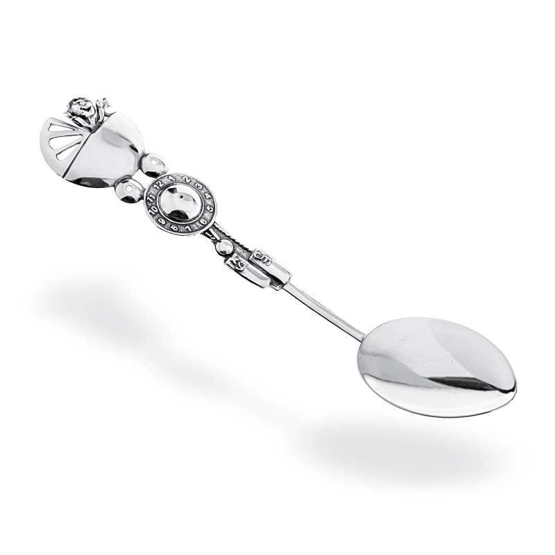 Srebrna łyżeczka 925 Wózek Zegar pamiątka na Chrzest prezent