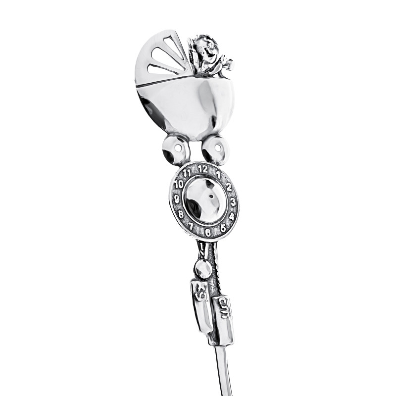 Srebrna łyżeczka 925 Wózek Zegar pamiątka na Chrzest prezent