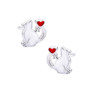 Srebrne kolczyki 925 Biały Kotek z serduszkiem sztyft dla małej damy