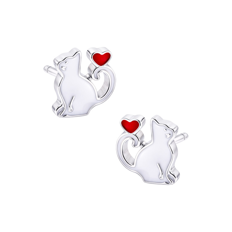 Srebrne kolczyki 925 Biały Kotek z serduszkiem sztyft dla małej damy