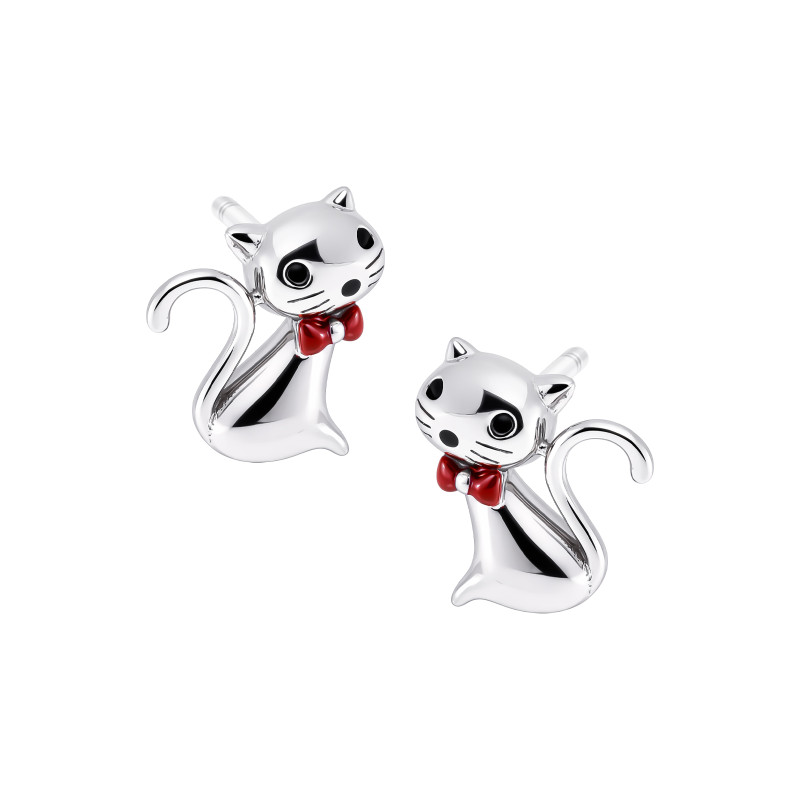 Srebrne kolczyki 925 Lśniący Kotek z kokardką dla małej damy